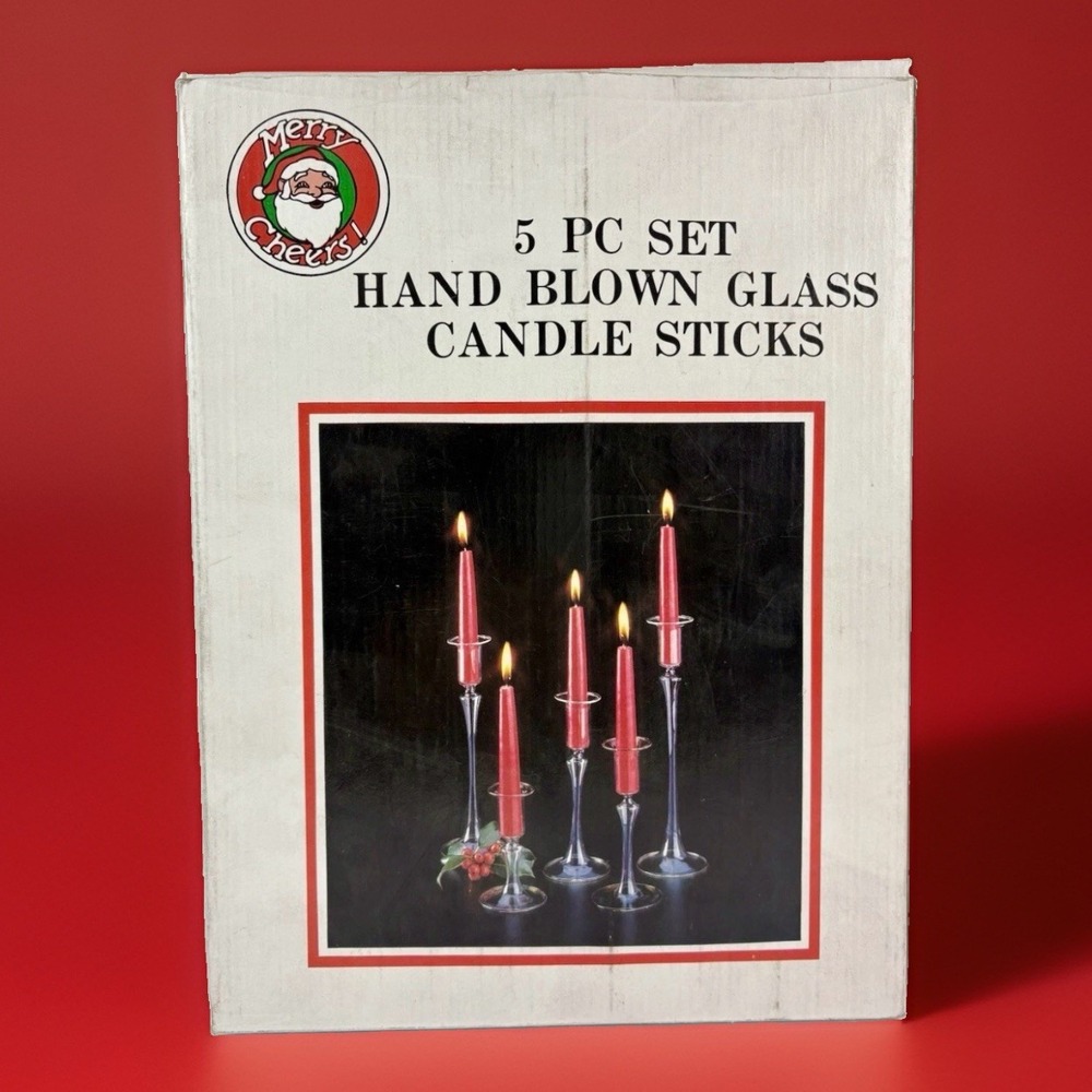 Vintage 5 Pc Hand Blown Glass  Candle stick Holders Taiwan Merry Cheers